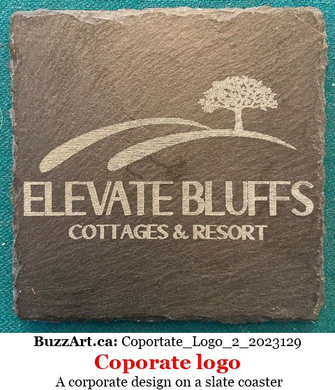 A corporate design on a slate coaster